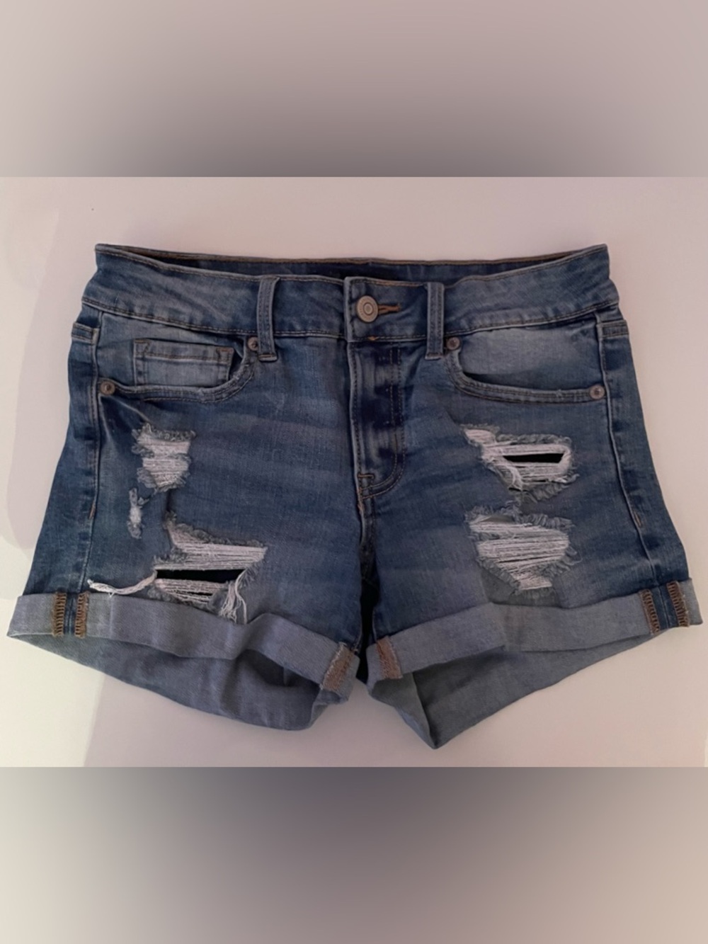 Aeropostale Low Rise Midi Ripped Rolled-Hem Denim Shorts - Blue